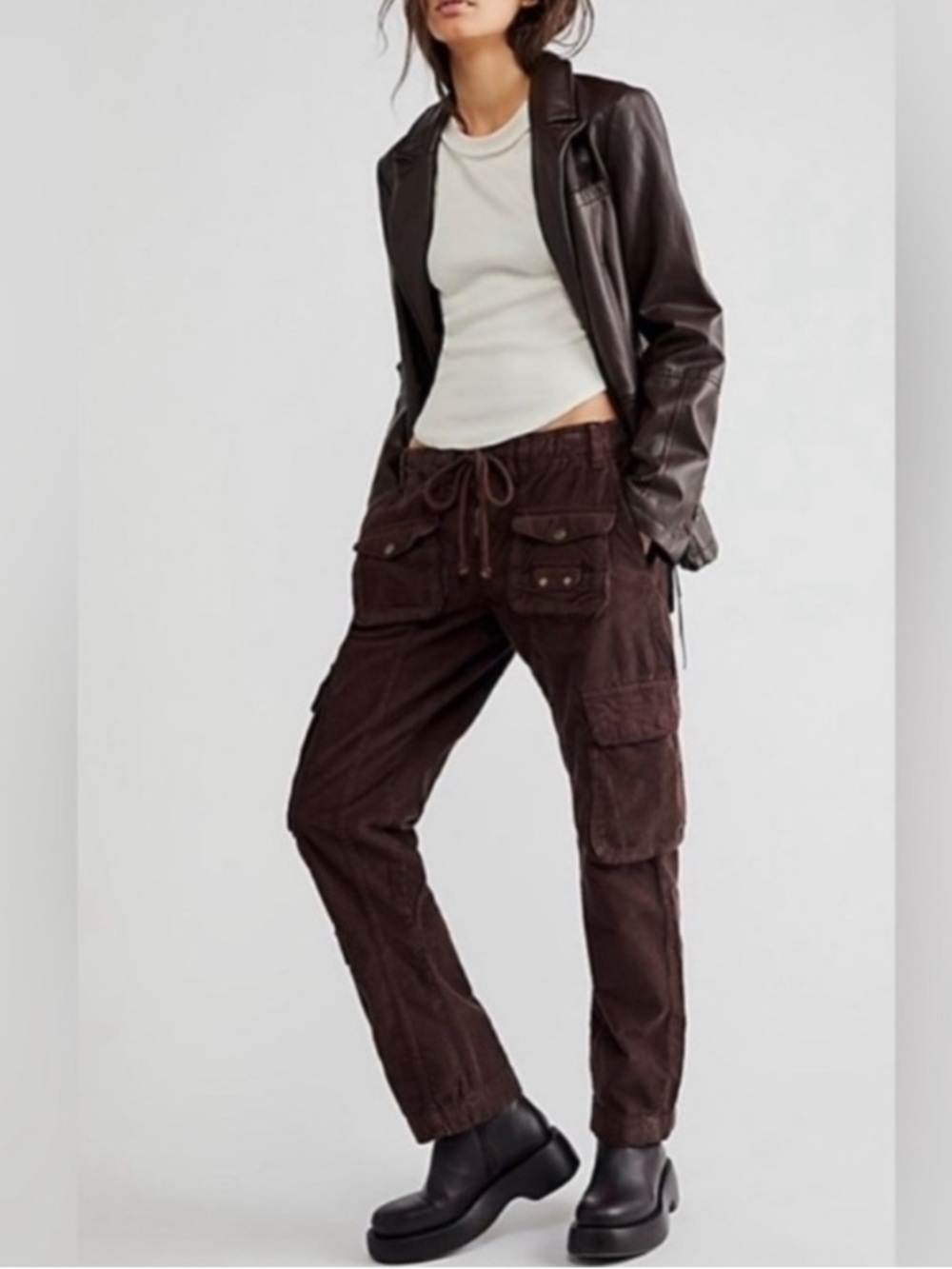 Free People Tahiti Corduroy Cargo Pants in Mocha Size Large